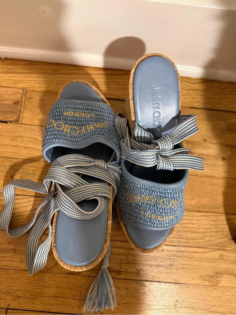 Jimmy Choo Gal Wedge 130 Raffia- Powder Blue Woven Cork Lace-Up Platform Sandals - Picture 5 of 6